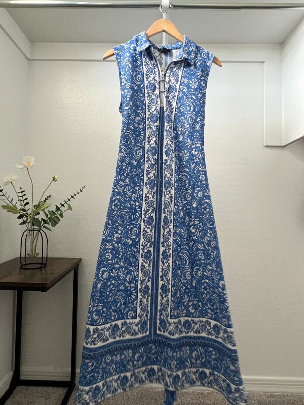 MSK Blue Bordera Print Boho Sleeveless Maxi Dress with Self-tie Belt